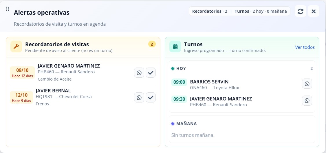 Alertas operativas en MotorEasy Web: próximas visitas y turnos con aviso al cliente