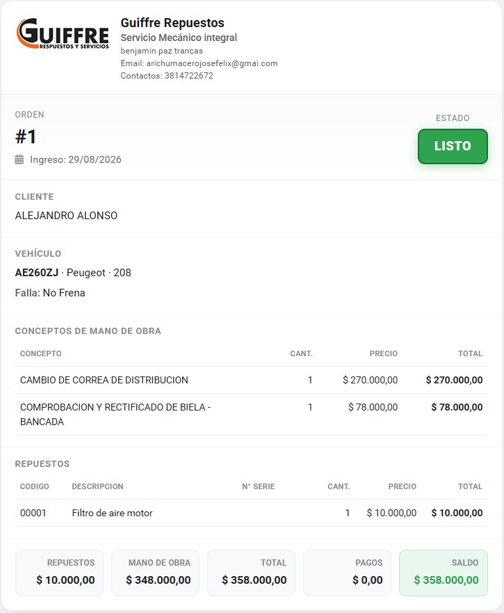 Vista del cliente del estado de la orden en el celular