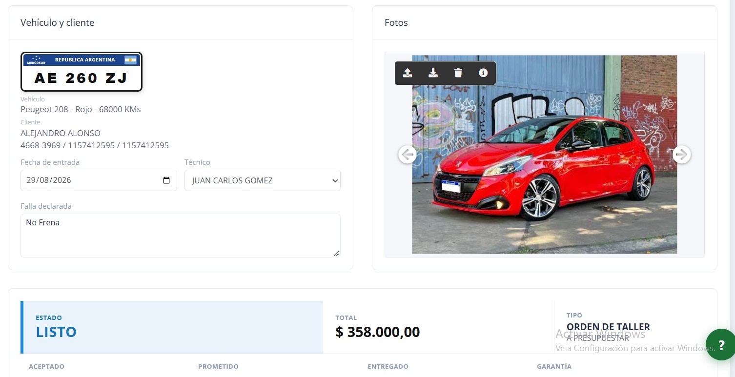 Detalle de una orden de trabajo en MotorEasy Web