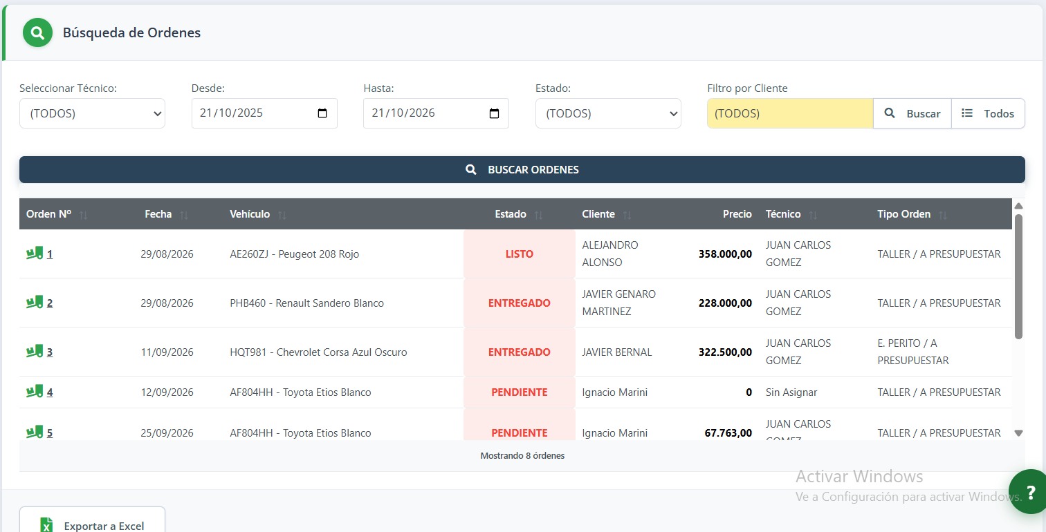 Listado de órdenes de trabajo en MotorEasy Web