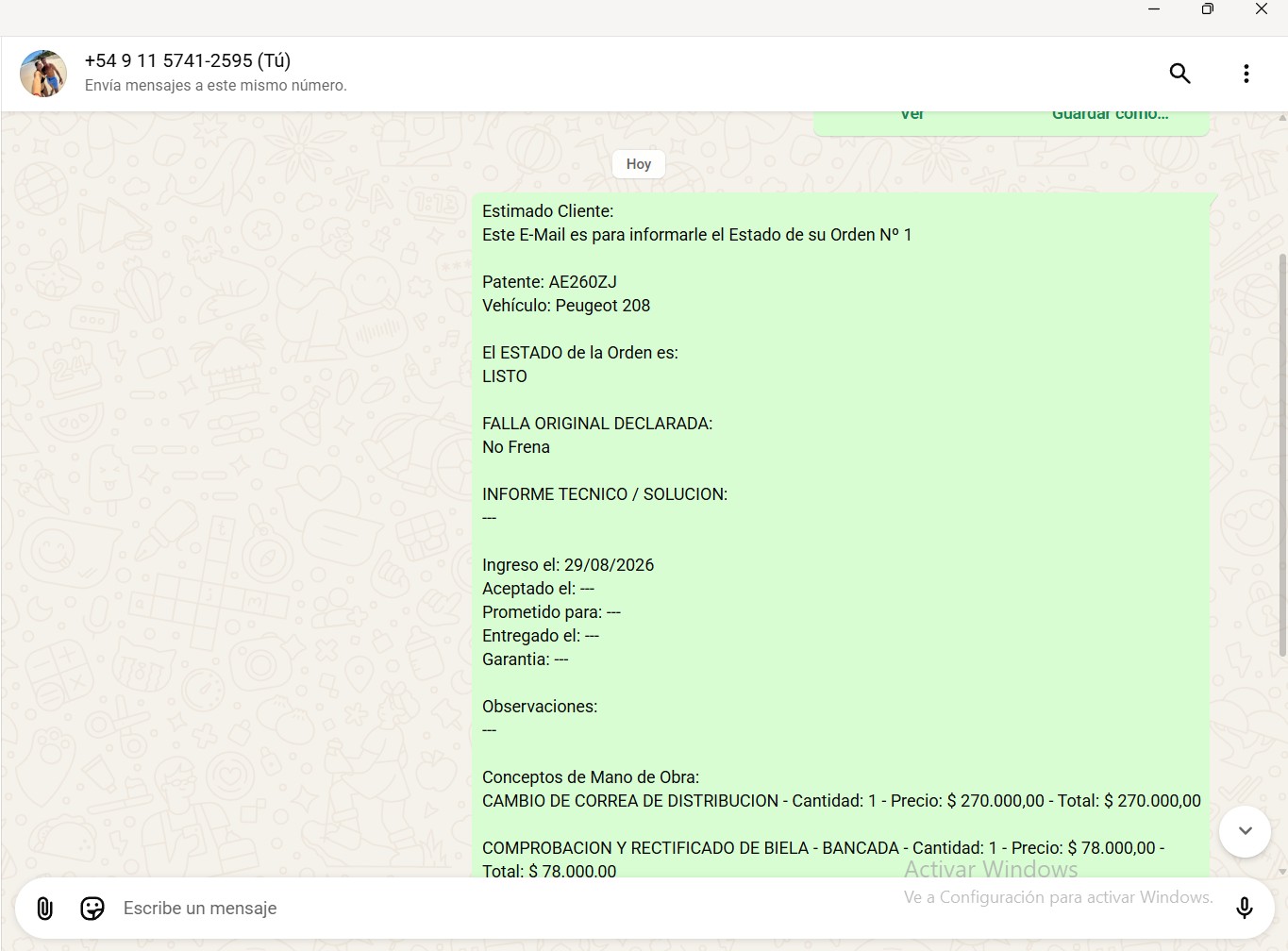 Envío de avisos por WhatsApp desde MotorEasy Web
