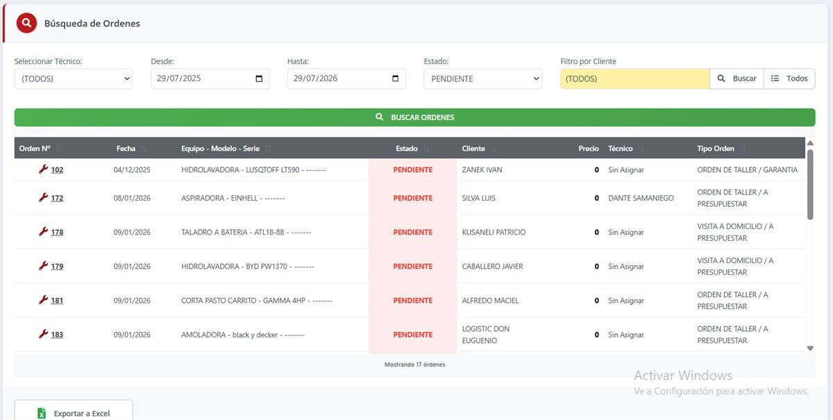 Búsqueda de órdenes por técnico, fechas y estados en SST 2.5 Web